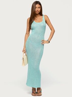 NEW Edikted Blue Turquoise Abby Sequin Sheer Knit Maxi Dress